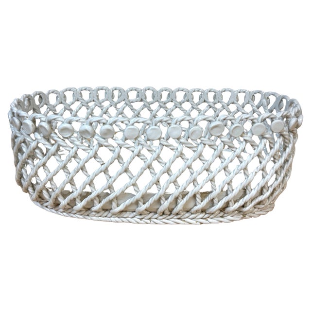 Italian Creamware, in White Rope-Twist Oval Centerpiece Basket, Mid-20th Century For Sale - Image 4 of 18