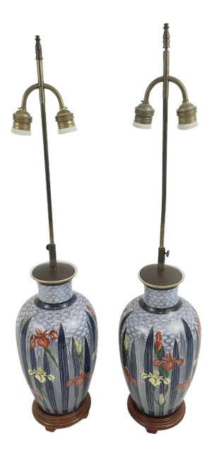 Vintage 3 Ft Tall Ceramic and Brass Lamps Hand Painted With Lilies on Wooden Stand With Dual Sockets -
