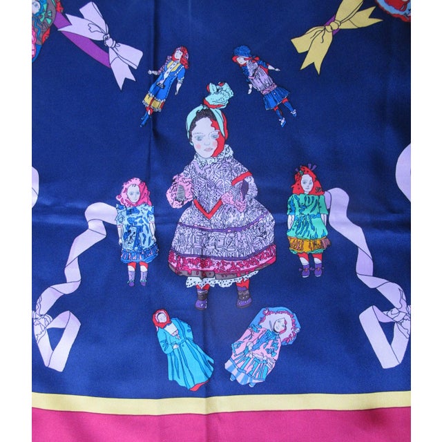 Textile Hermes Paris Carre 90 Hello Dolly Dolls Print Blue Pink 100% Silk Scarf For Sale - Image 7 of 12