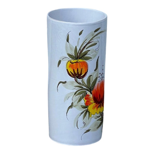 60s Mid Century Modern Hand Painted Orange Poppy Flower Ceramic Umbrella Stand Holder Italy For Sale