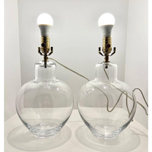 Simon Pearce Hand Blown Glass Globe Table Lamps Signed 15” 3-Way - a Pair For Sale In Detroit - Image 6 of 6