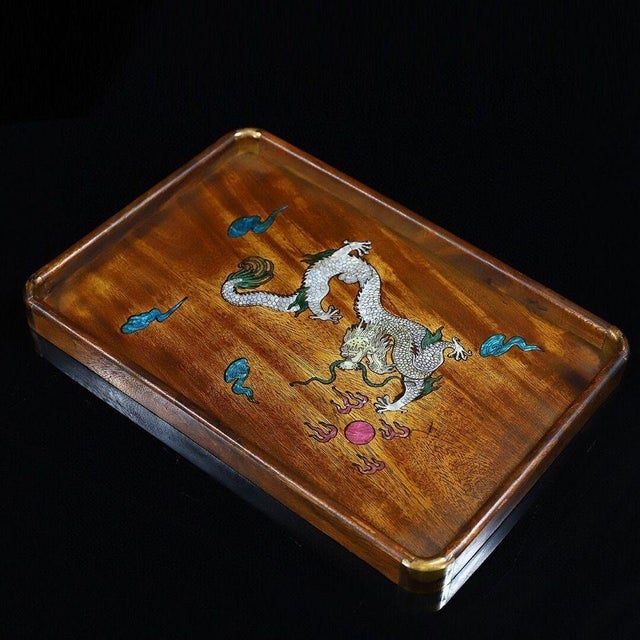 Chinese Vintage Rosewood Tray With Mother-of-Pearl Dragon - Brass Mounted Tea Tray For Sale - Image 3 of 9