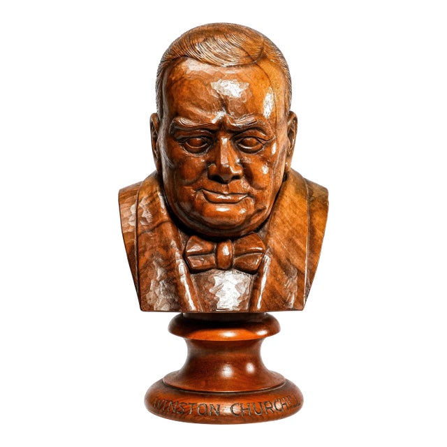 Nice Large Antique Winston Churchill Carved Wood Bust Statue Sculpture Home Decor For Sale