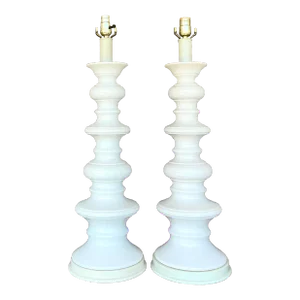 Vintage Boho Glazed Ceramic Spool Lamps - a Pair