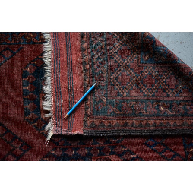 Antique Allover Tribal Geometric Coral Red Navy Blue Hand-Knotted Wool Low Pile Rug - 8’3” X 9’5” For Sale - Image 12 of 12