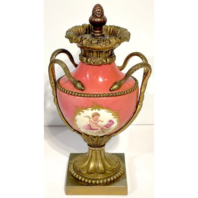 Pair French Louis XVI Style Sèvres Rose Pompadour Ormolu-Mounted Cabinet Vases For Sale - Image 9 of 17