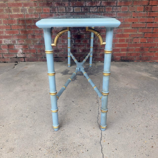 Sky Blue Vintage French Blue and Gold Faux Bamboo Console Table Attributed to Lane Altiavista Newly Painted - Dorothy Draper Style For Sale - Image 8 of 11