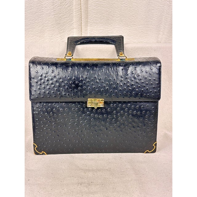 Vintage Chic De Paris Black Ostrich Embossed Leather Top Handle Portfolio Bag For Sale - Image 4 of 12