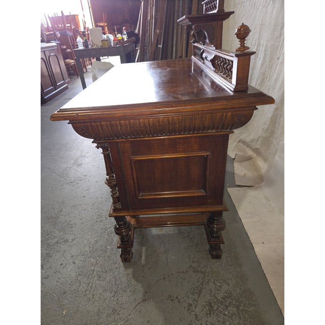 Traditional Antique Renaissance Revival Burl Walnut Writing Desk With Gallery Rail For Sale - Image 3 of 12