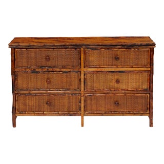 Six Drawer Dresser, Brown, Rattan For Sale