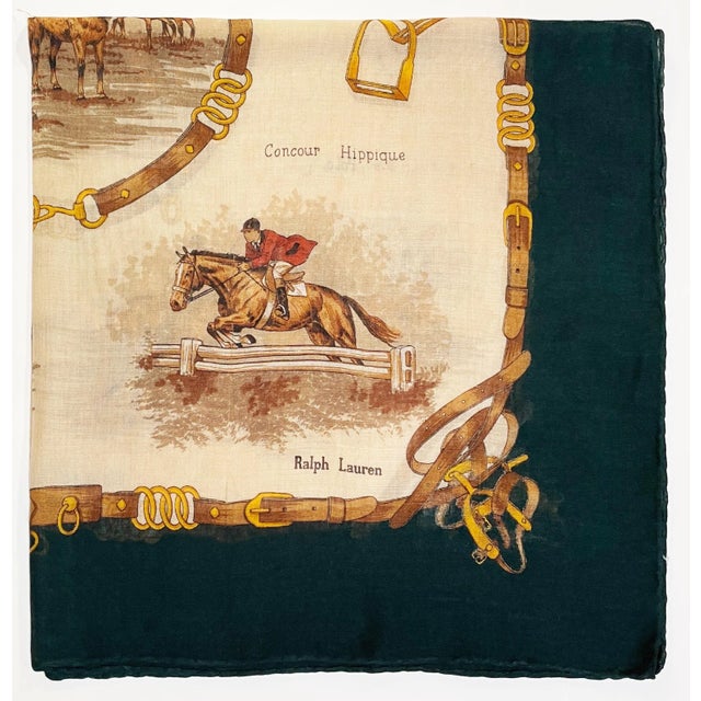 This is a beautiful, lightweight cashmere and silk blend scarf with different equestrian events depicted. It includes...