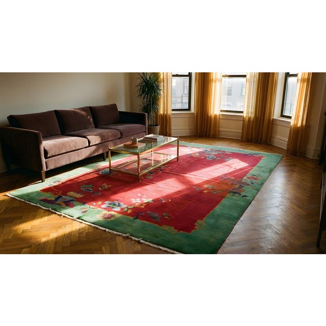 1920s Red Floral Antique Chinese Art Deco Rug by Nichols Workshop 6' X 8'9" Handknotted Wool Carpet For Sale - Image 9 of 9