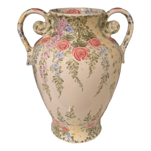 1980s Tabletops Unlimited English Garden by Don Swanson Hand Painted Double Handle Vase For Sale