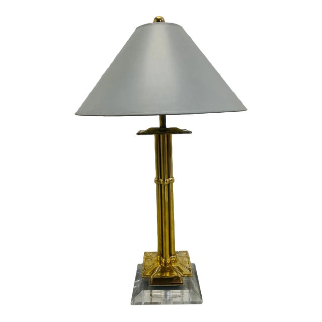 Unique Vintage Mid Century Modern Brass & Lucite Chapman Lamp W/ Original Shade C. 1985 For Sale