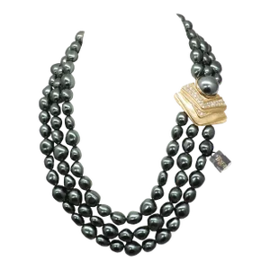 Vintage 1980s Signed Marcella Saltz for Trifari 3-Strand Faux-Black Baroque Pearls Necklace