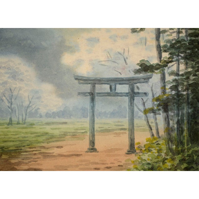 Impressionist Early 20th Century Japanese Landscape Watercolor With Torii Gate by Shumin Ota For Sale - Image 3 of 6