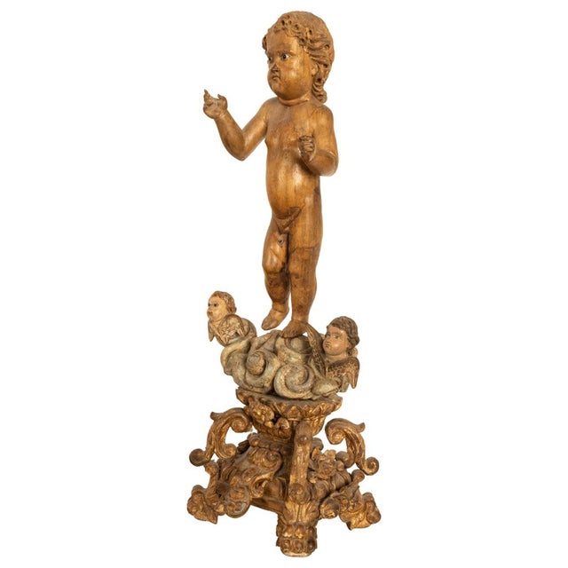 Antique 17th century, Spanish baroque polychromed and gilded carved model of the Christ Child, Salvator Mundi, circa 1620....