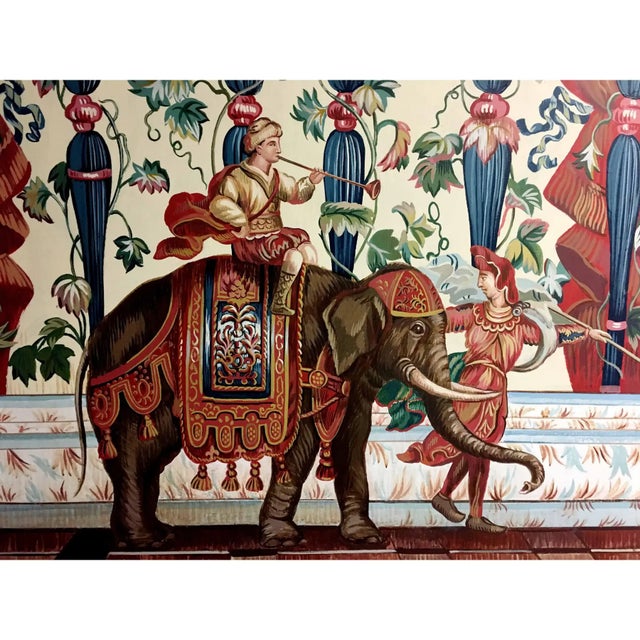 Vintage hand painted French tapestry on canvas penal with Indian elephant. Prince riding on Elephant with Colorful...
