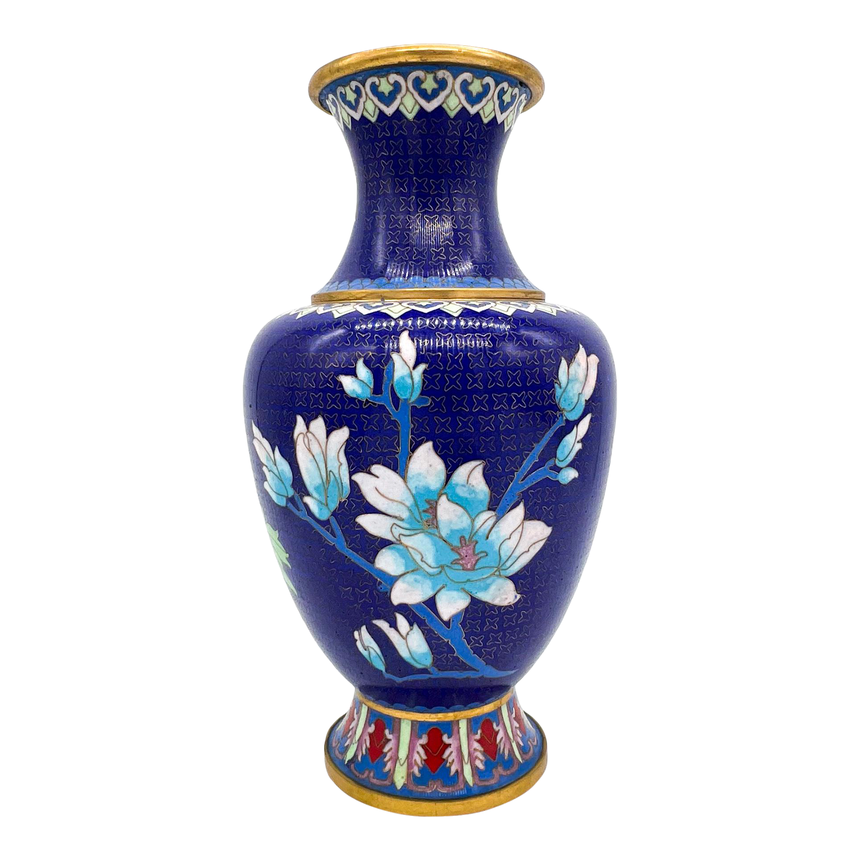 Vintage Chinese Cloisonné Vase – Cobalt Blue With Peony & Magnolia