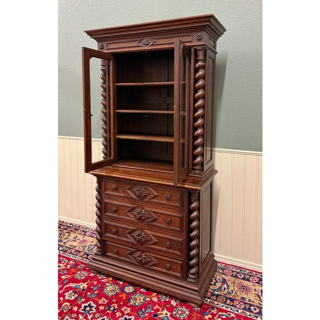 1900 - 1909 Antique French Bookcase & Chest of Drawers Display Cabinet Barley Twist Oak For Sale - Image 5 of 13