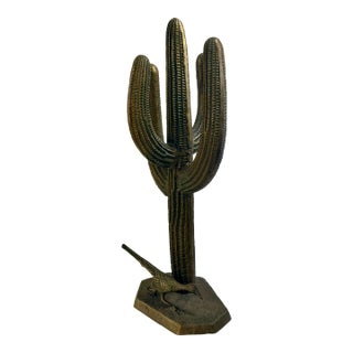 Mid 20th Century Brass Saguaro Cactus and Roadrunner Statue For Sale