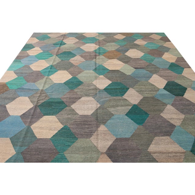 Contemporary Contemporary Multicolor Kilim Flatweave Geometric Wool Rug For Sale - Image 3 of 9