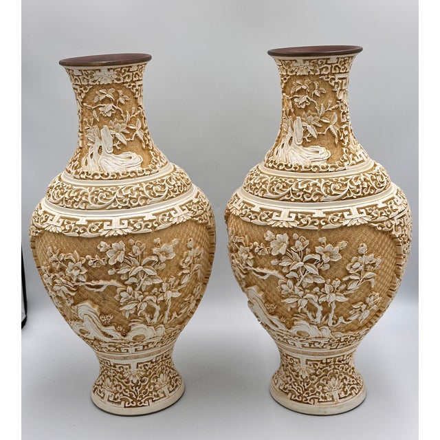 Antique Chinese Hand Carved Lacquered Cinnabar Over Brass Floral Motif Vase Set For Sale - Image 4 of 12