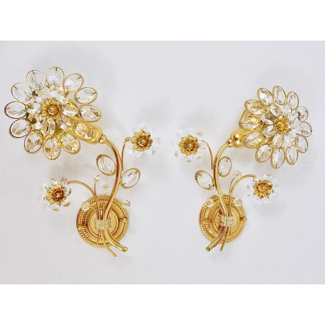 Metal Gilt Brass Flower Wall Lights with Crystals from Palwa, Germany, 1970s, Set of 2 For Sale - Image 7 of 15