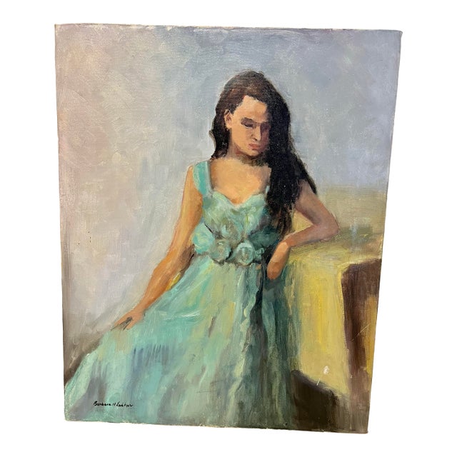 Vintage Barbara Lebhar Oil on Canvas of a Young Lady in a Blue Dress Titled Mood Indigo For Sale