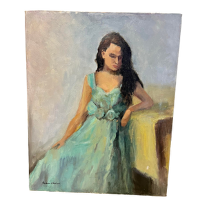 Vintage Barbara Lebhar Oil on Canvas of a Young Lady in a Blue Dress Titled Mood Indigo