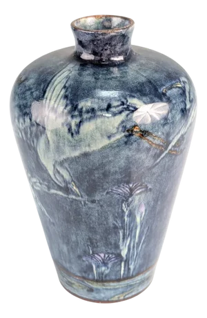 Art Nouveau Vase with Herons and Flowers at the Lake by J. W. Mijnlieff for Fayence Holland Utrecht, 1900s