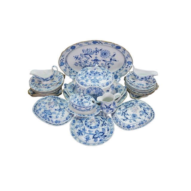 Antique German Meissen Blue Onion Dinner China Set. Includes: 4 Oval Platters (Graduated Sizes), Lidded Oval Soup Tureen,...