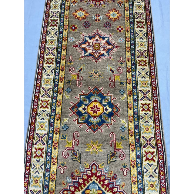 Extra-Long Olive Gold Kazak Wool Runner Rug With Geometric Medallions ...