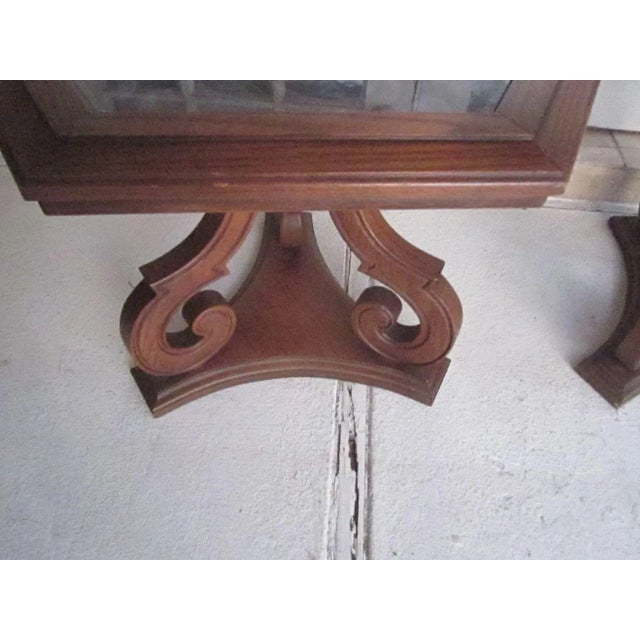 Traditional 1970s Vintage Octagonal End Table Hand Carved Wood Glass Top Dark Tone Set of Two For Sale - Image 3 of 12