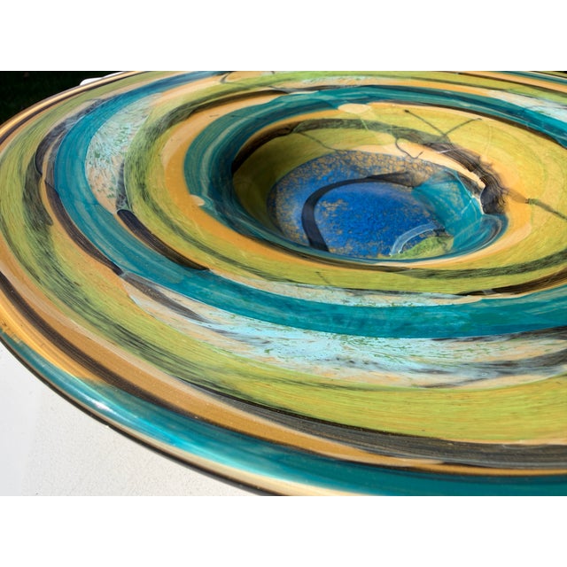 Vintage Handcrafted Art Glass Charger Bowl in Blue, Teal & Amber Swirl Glaze For Sale - Image 9 of 11
