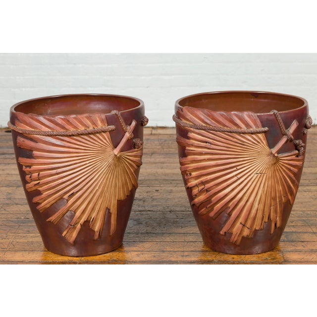 Early 21st Century Large Contemporary Thai Garnet Toned Planter with Palm Leaf and Rope Motifs For Sale - Image 5 of 13
