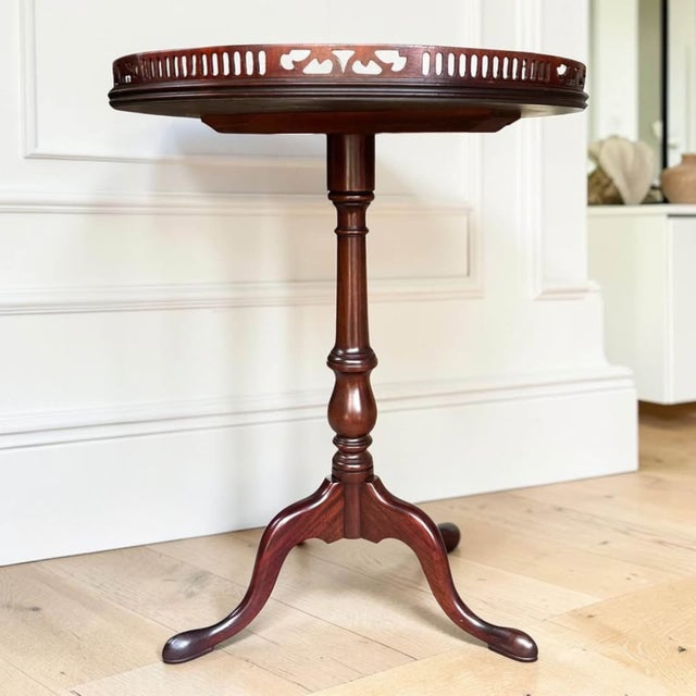 Chippendale Vintage Mahogany Pierced Gallery Drum Table | Georgian Federal Accent Table | Grand-Millennial Side For Sale - Image 3 of 7