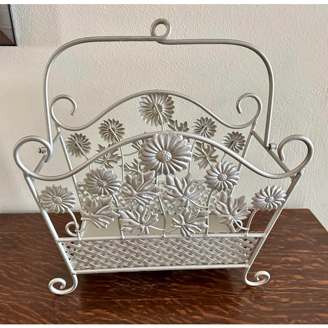 Vintage 20th Century Iron Silver Flowers Magazine Rack/Basket For Sale - Image 10 of 11