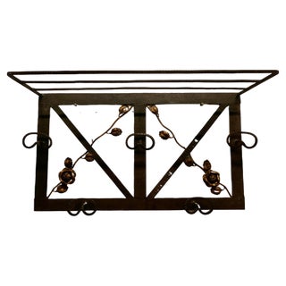 Art Deco French Iron Hat and Coat Rack with Shelf Decorated with Roses, 1920s For Sale