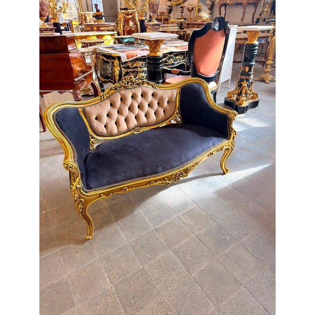 Rococo Vintage Rococo Loveseat Black & Beige Velvet 55W For Sale - Image 3 of 10