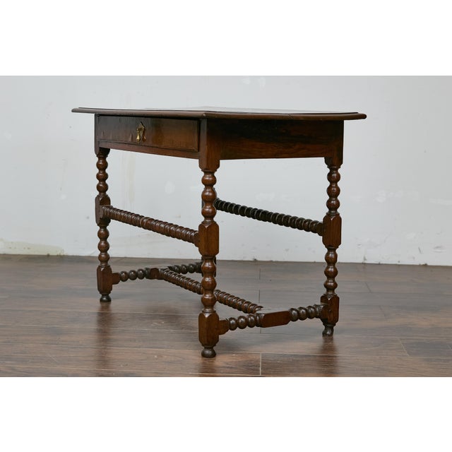 Wood 19th Century English Bobbin Leg Oak Side Table with Drawer and H Form Stretcher For Sale - Image 7 of 12