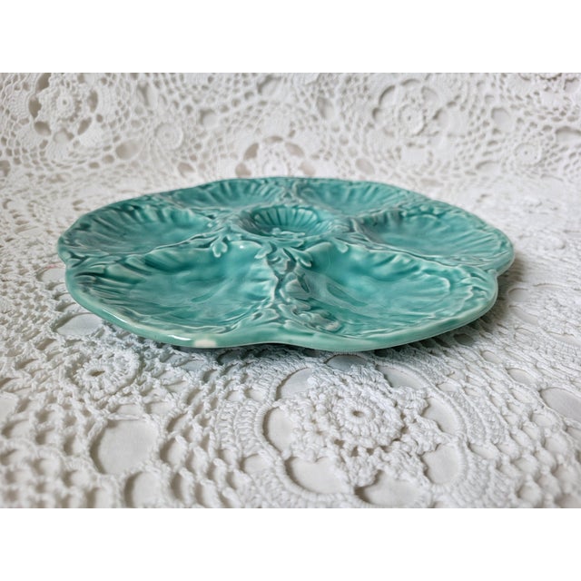 Mid-Century French Gien Turquoise Aqua Blue-Green Glazed Oyster Plate For Sale In Baltimore - Image 6 of 7