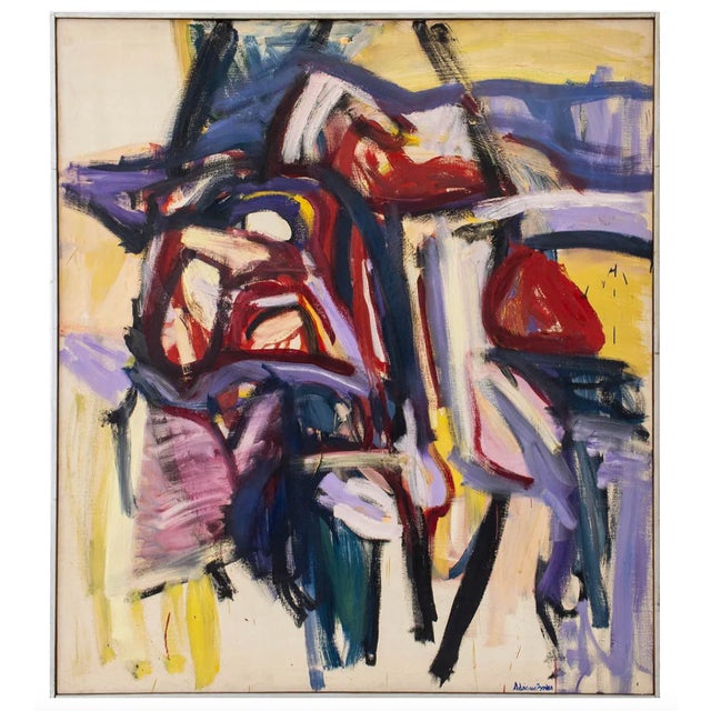 A stunning extra large abstract expressionist oil painting by Adrienne Bordes (American, XX), in vibrant colors - purple,...