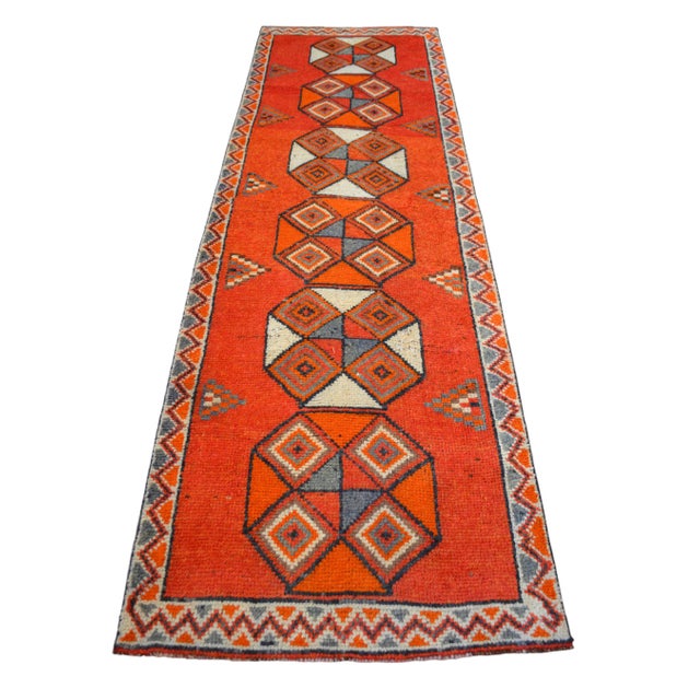 Hand-Knotted Tribal Geometric Design Turkish Runner Rug . Hallway Rug Kitchen Decor - 3′3″ X 10′4″ For Sale - Image 6 of 15