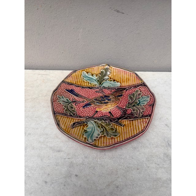 Majolica bird with oak leaves plate, circa 1880. From Belgium.