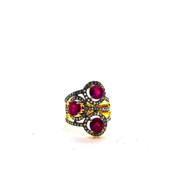 Art Deco Bochic “Orient” Vintage Ruby & Diamond Cluster Ring 18K Gold & Silver For Sale - Image 3 of 9