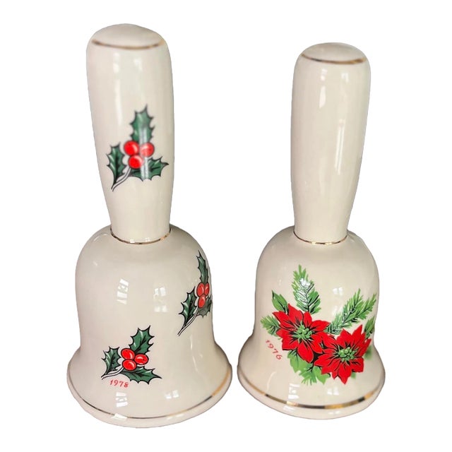 1970s Porcelain Christmas Bells Hand-Painted Holly and Poinsettias-A Pair For Sale