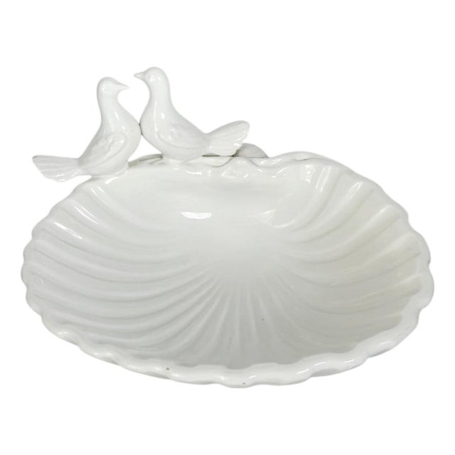 Large White Ceramic Seashell Catchall with Bird Decoration, 1960 For Sale