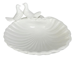 Large White Ceramic Seashell Catchall with Bird Decoration, 1960