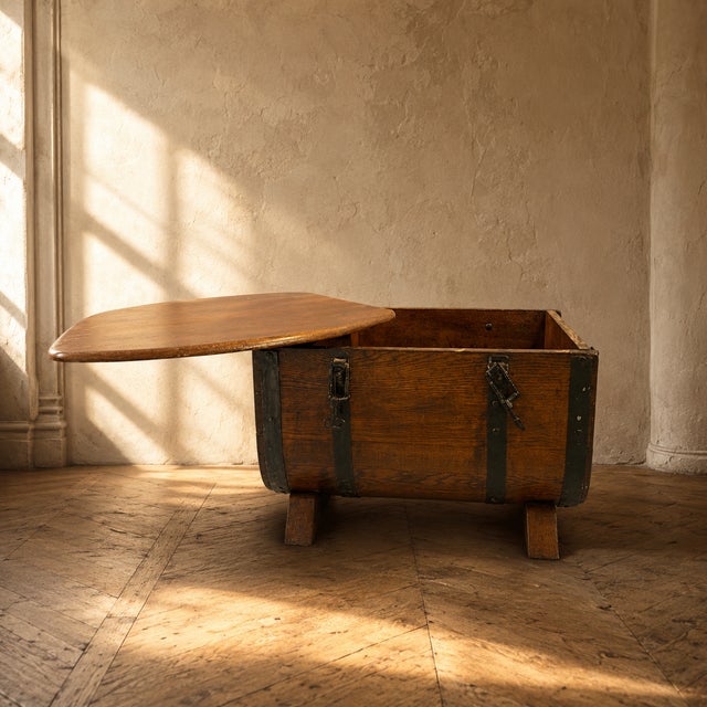 1920s Oak Barrel Form Storage Chest with Black Metal Straps, 1930s For Sale - Image 5 of 9